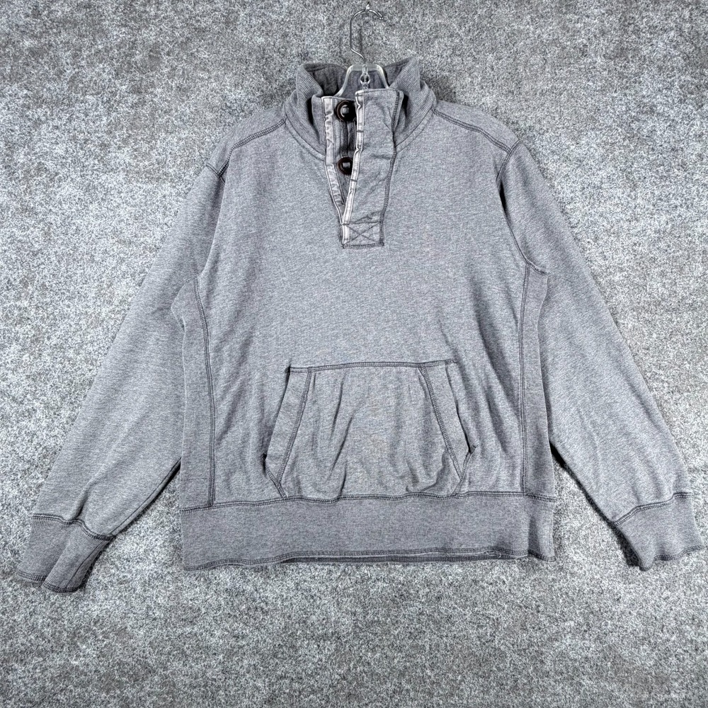 Eddie Bauer Henley Sweater Mens Medium Gray Cotton Kangaroo Pockets Legend Wash